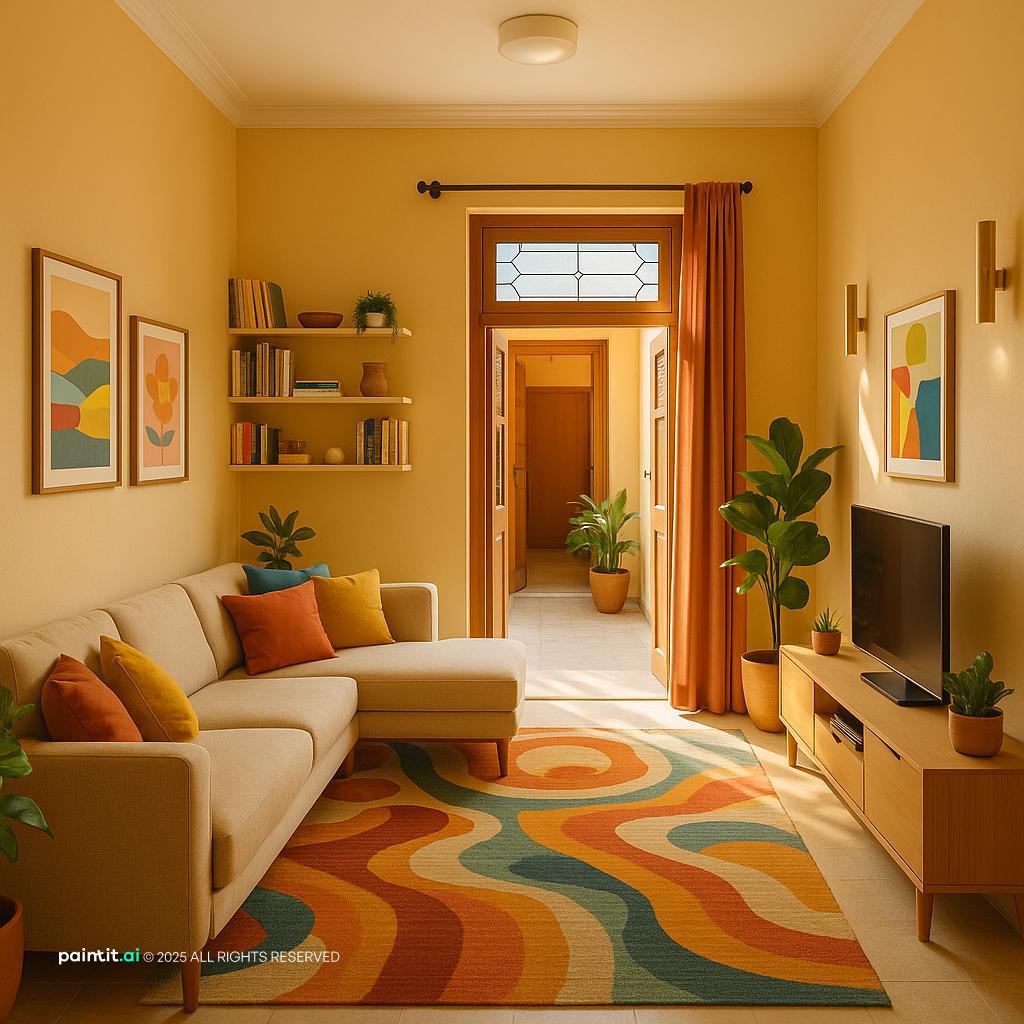 Earthy living room with ochre walls, a cream sofa and a wavy rust and teal rug