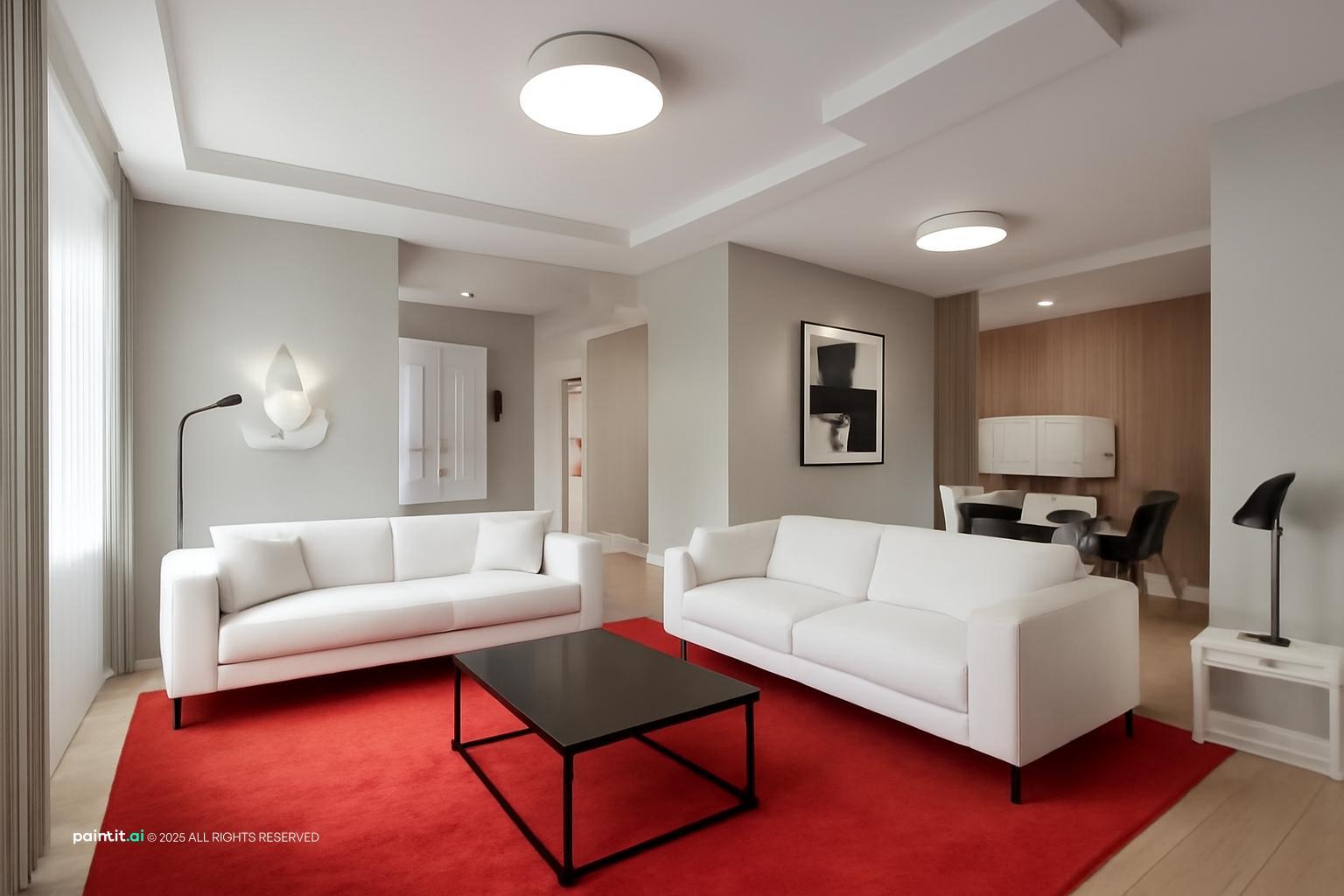 Living room with gray walls, white sofas, a black coffee table and a bright red rug