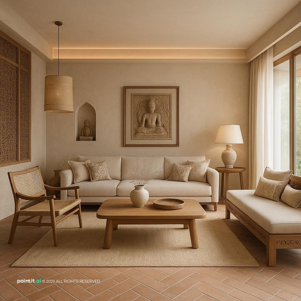 A stunning Indian modern whimsical living room, blending traditional motifs with contemporary flair, featuring vibrant colors and unique artisanal accents.