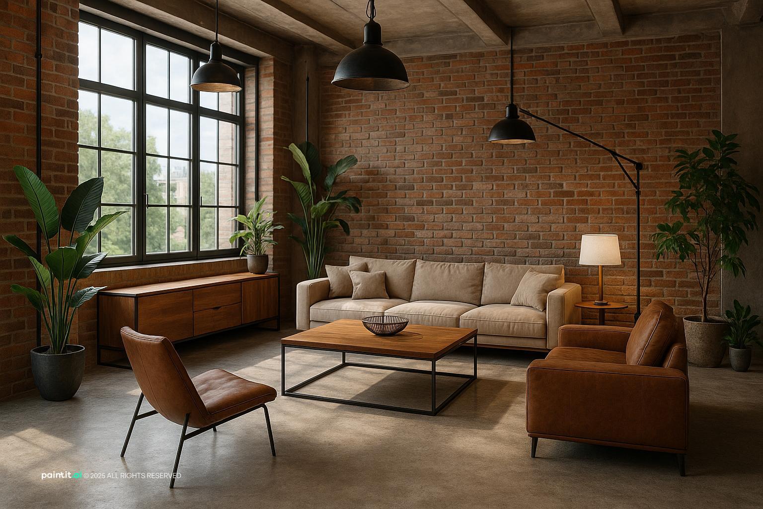 Loft living room with an exposed brick wall, concrete floor, leather armchair and industrial pendant lights