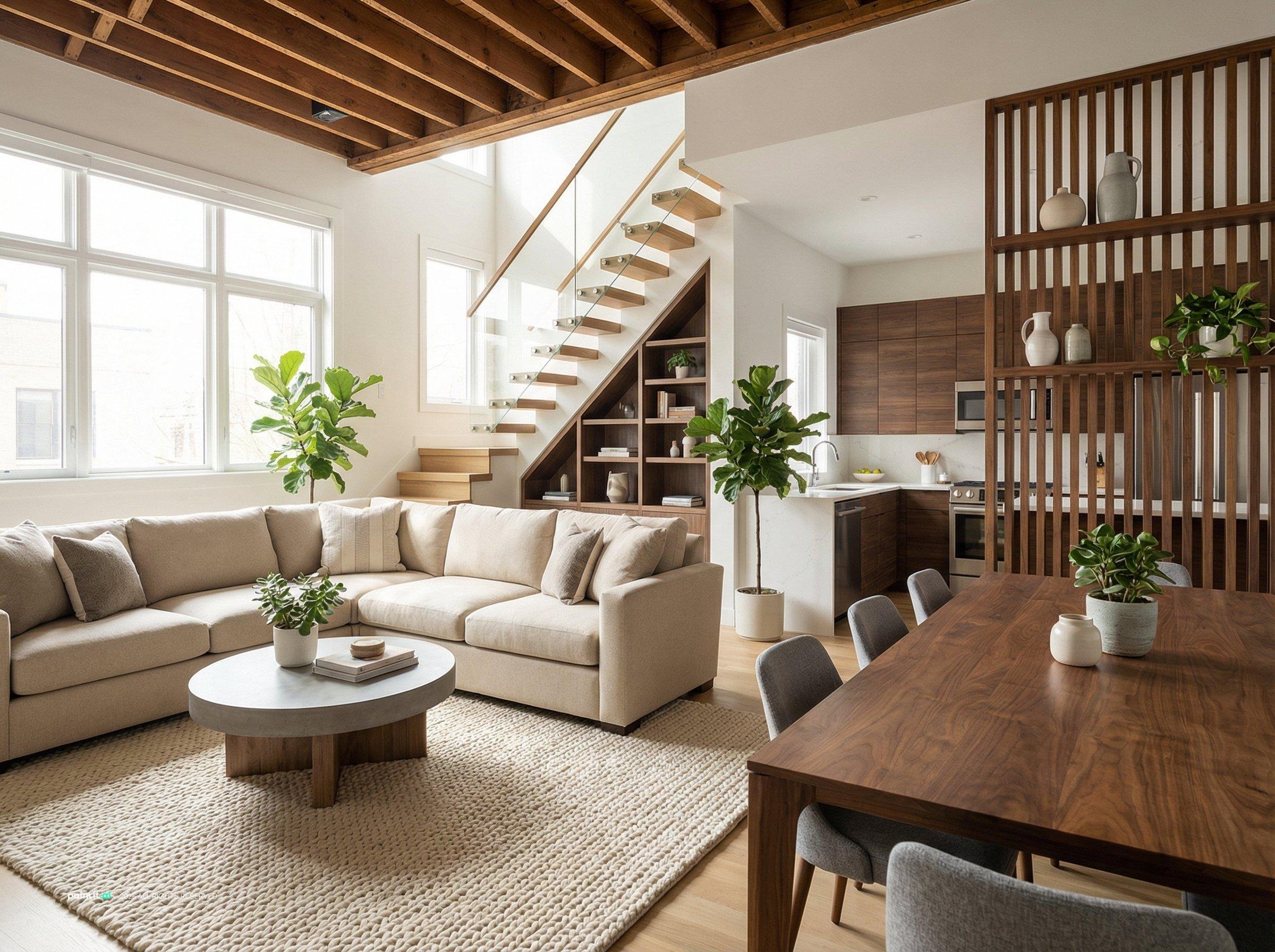 Living room and kitchen with greenery