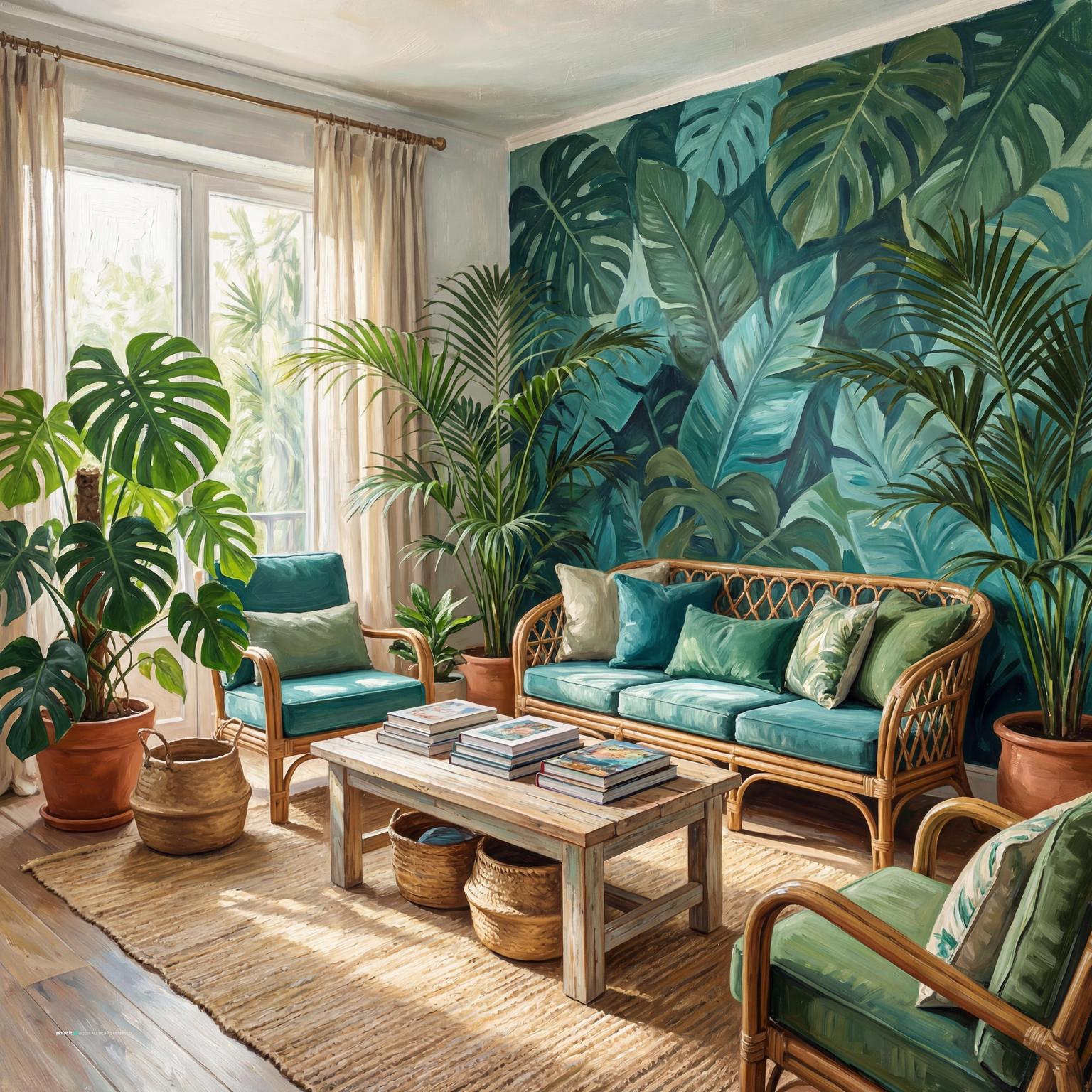Tropical style 80s living room decor, evoking a Miami Vice aesthetic with lush plants, bright colors, and a relaxed, airy atmosphere.