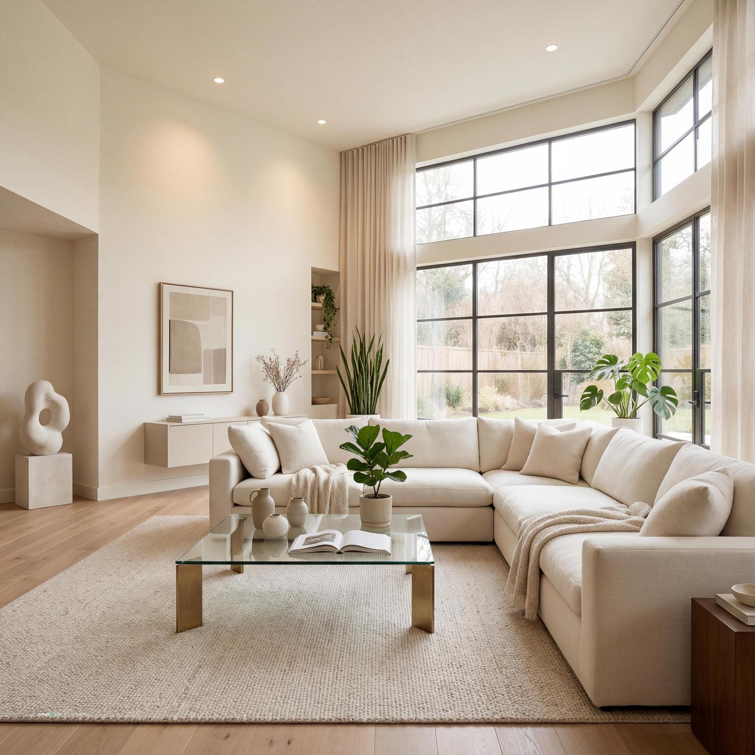 Staging a serene minimalist living room: clean lines, uncluttered space, and a calming neutral palette for a peaceful, inviting feel.