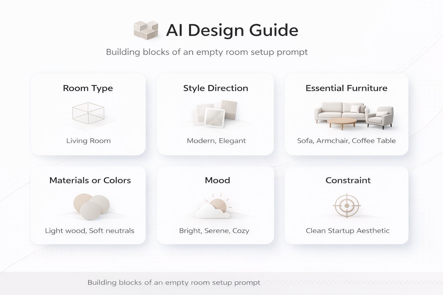 Visual guide showing the main building blocks of a strong empty room setup prompt