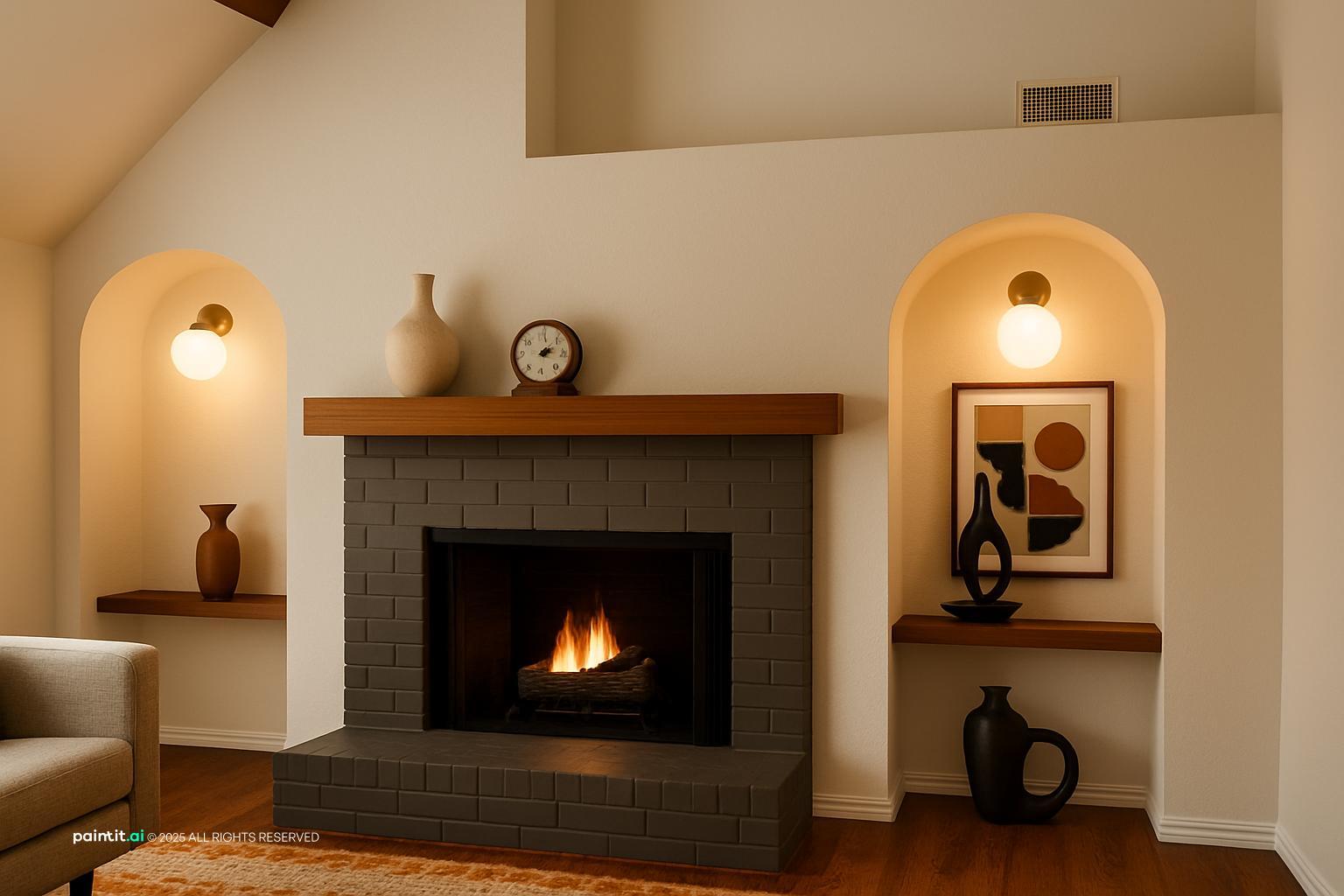Living room with a lit fireplace and warm lights in arched wall niches
