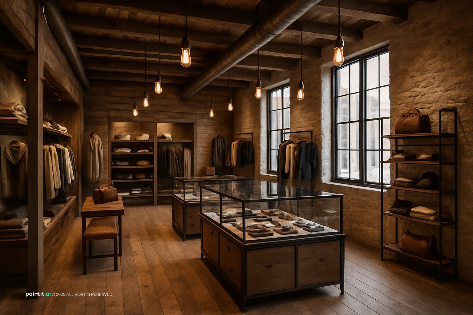 Rustic boutique with clothing racks, glass display cases, brick walls and warm pendant lights