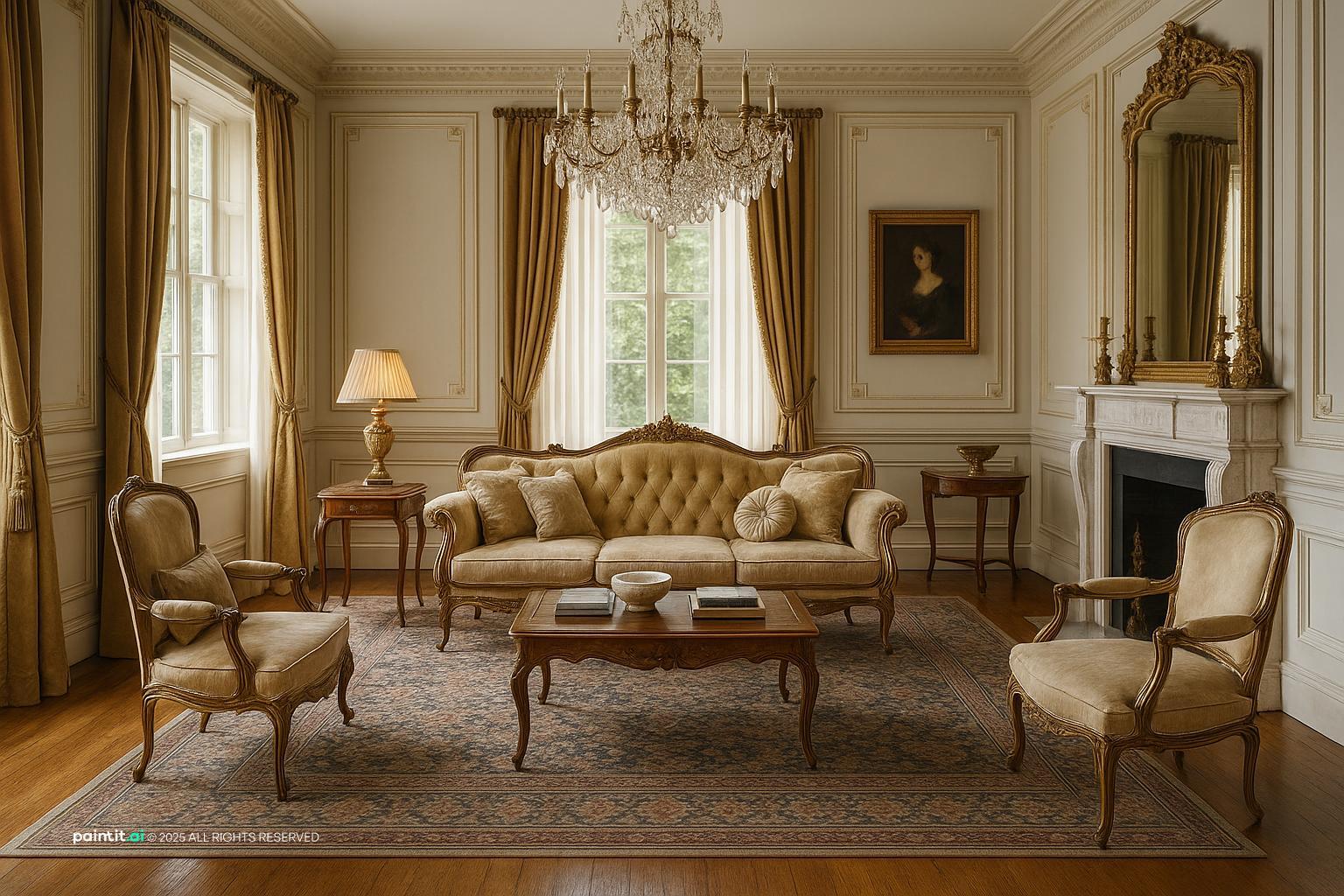 Elegant Neoclassic Living Room Design with daylight and wood and a calm living room atmosphere.
