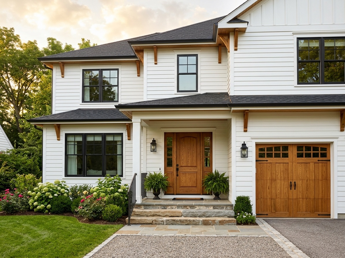 White house with black trim and wood accents &mdash; stained oak door,  wood garage doors, and timber eave details