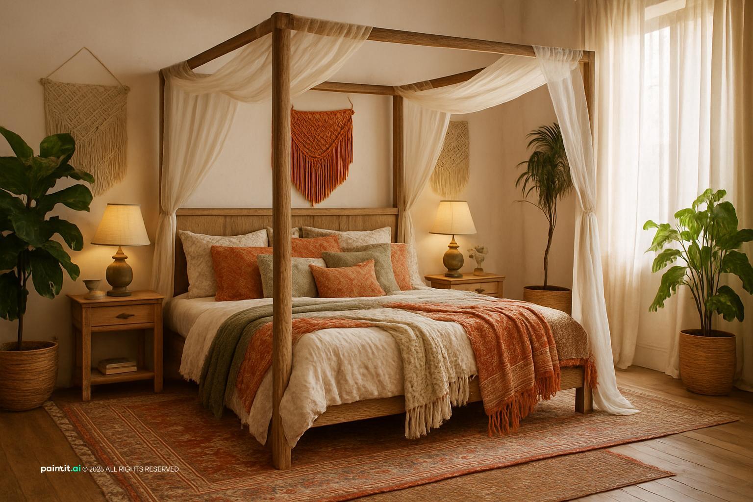 Boho-Chic Bedroom with Rattan Accents for Bohemian Style Interior Design Characteristics