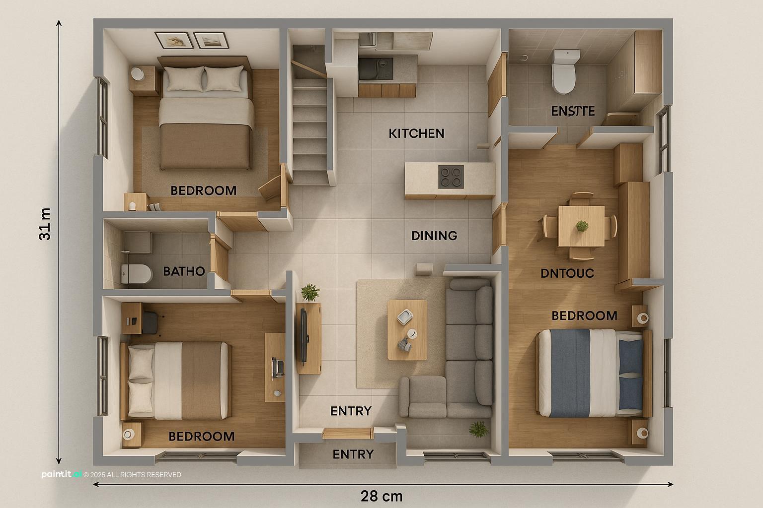 Compact 2 BHK Floor Plan Design inspired by Living Room Dining Room Combo