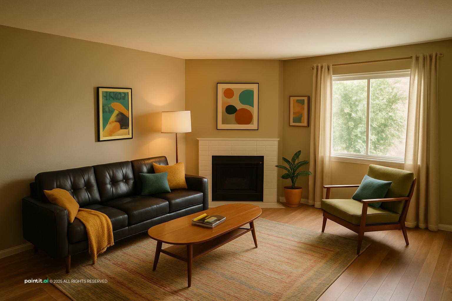 Mid-century living room with a black leather sofa, a yellow cushion, a wooden coffee table and abstract art