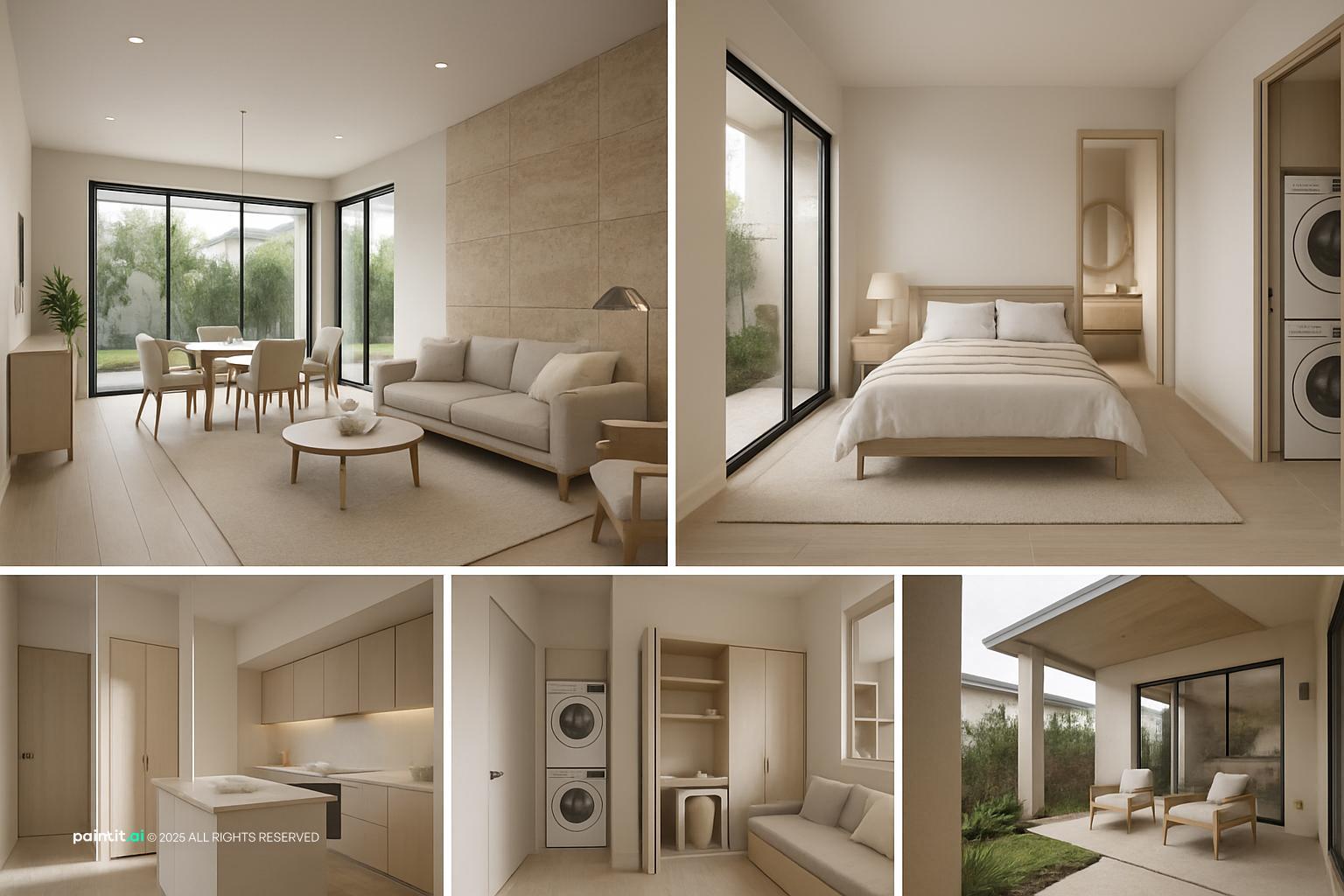 Two bedroom home with an open living and dining area, a bedroom with garden doors and a compact laundry