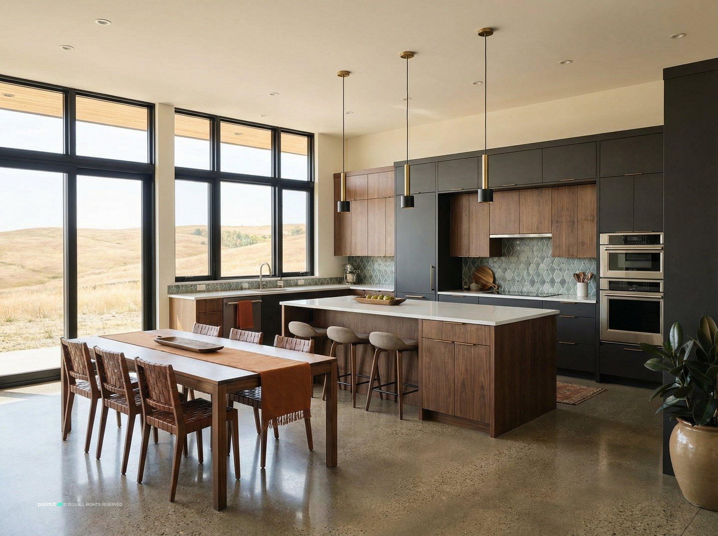 Modern prairie kitchen and dining space with black-framed windows onto grassland, a long walnut table, a wood island and dark cabinets