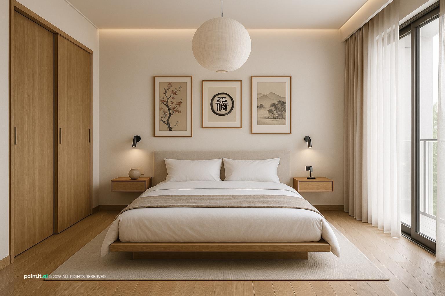 Modern Korean-style bedroom with low bed, light wood, and neutral palette