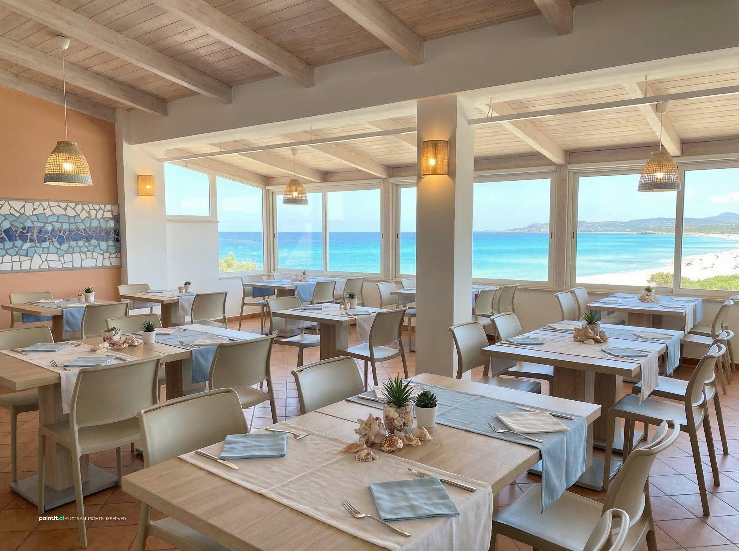 Bright restaurant with white tablecloths, light wood chairs and large windows facing the beach