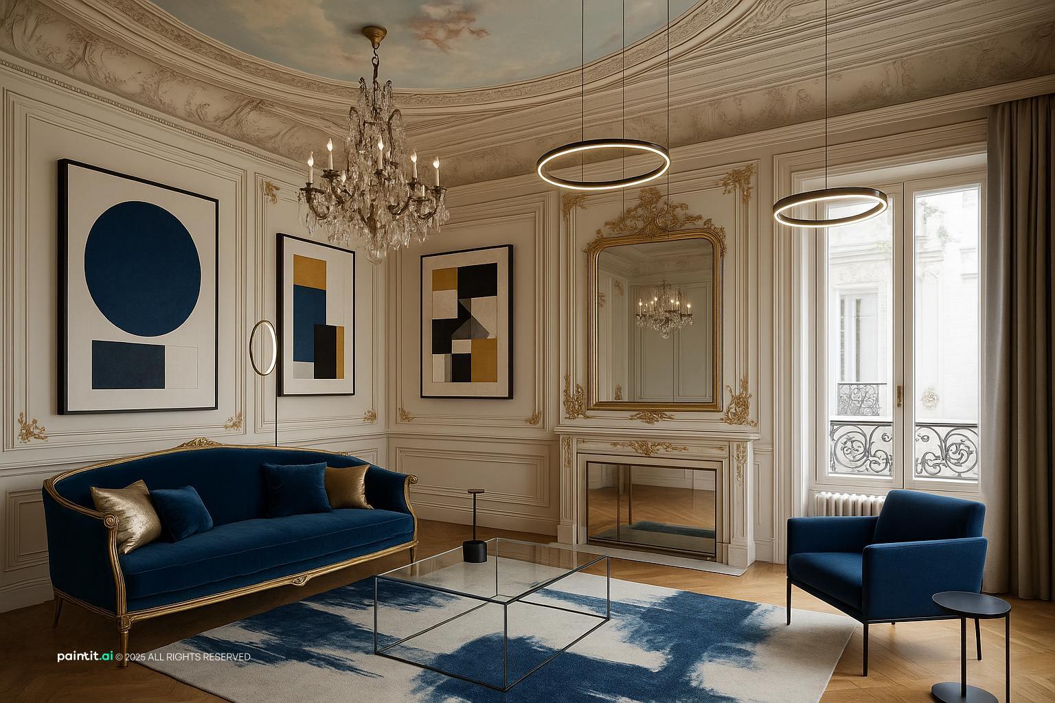 Classical living room with ornate wall moldings, navy velvet sofas and a large patterned rug