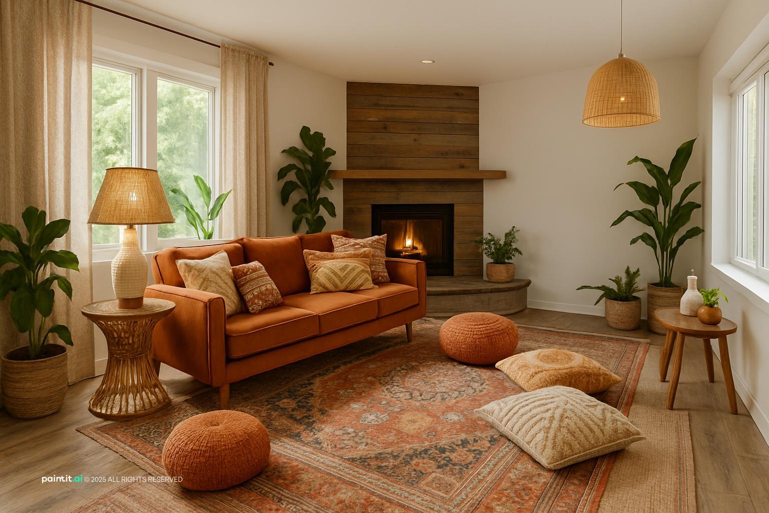 Boho living room with a rust sofa, floor cushions, a corner fireplace and plants