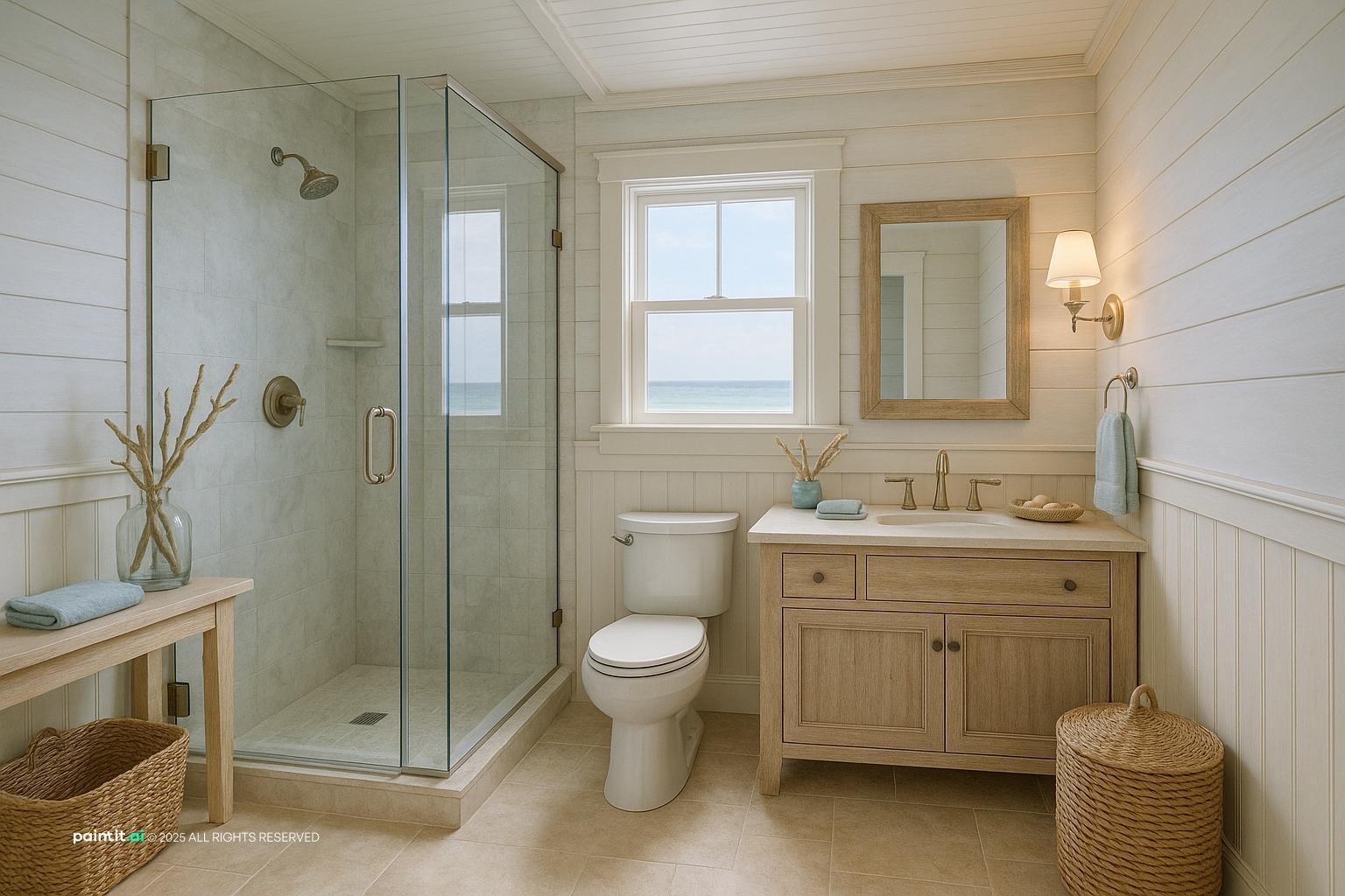 Bathroom with white shiplap walls, a wooden vanity, a woven basket and a glass shower