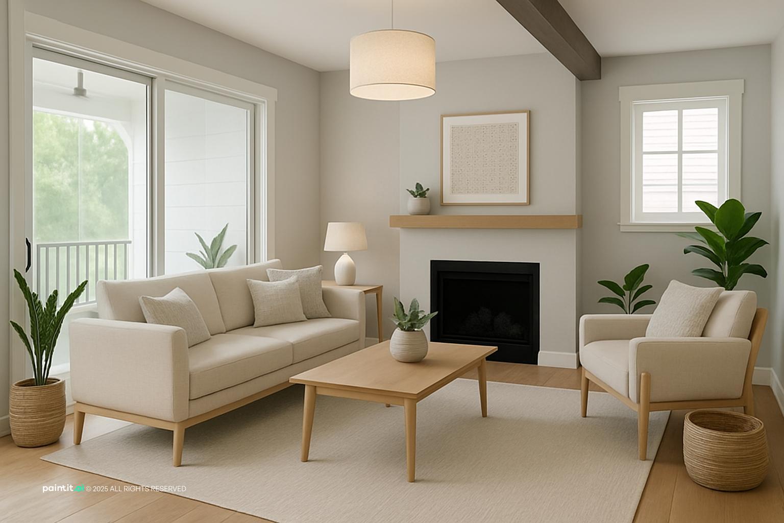 Scandinavian living room with gray painted walls, a white fireplace, a light sofa and a wooden coffee table