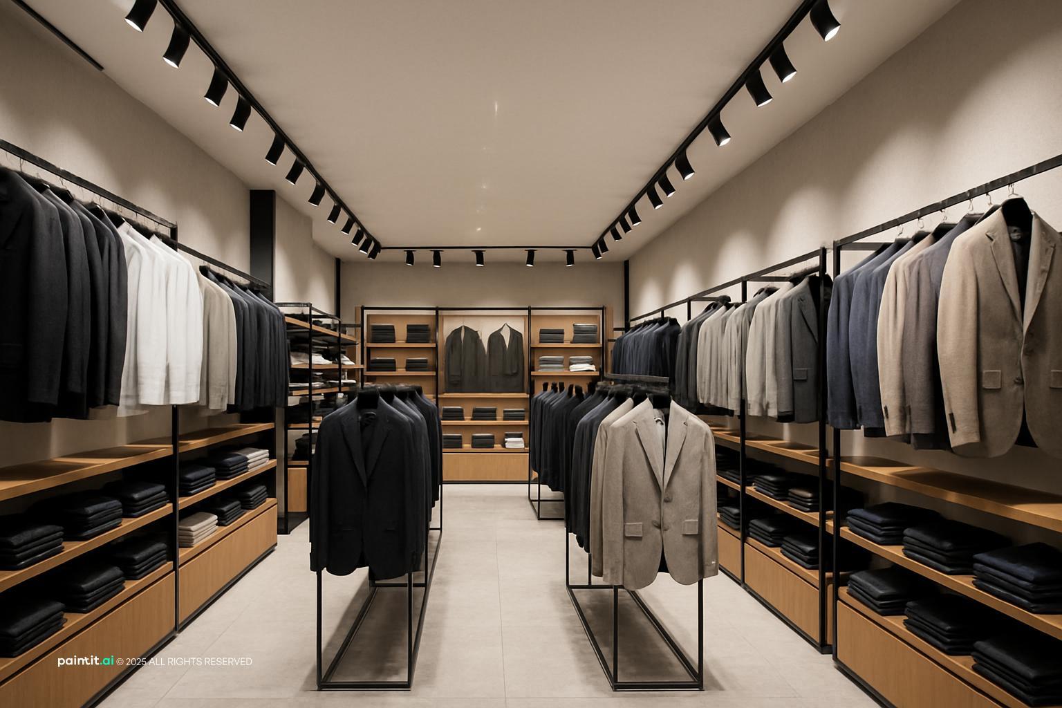 Men's clothing store with dark wood shelving, suits on rails and track lighting