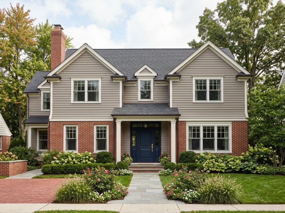 Home exterior in warm gray-taupe paint paired with red brick and a dark front door