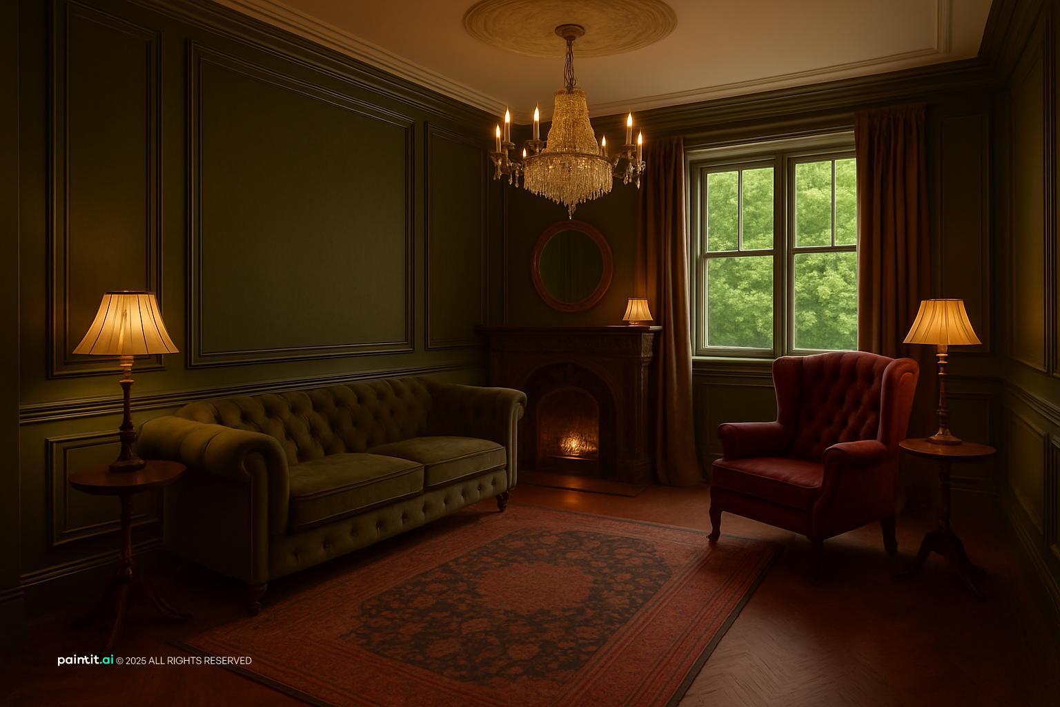 Georgian-style living room with dark green walls, a Chesterfield, a crystal chandelier and a fireplace