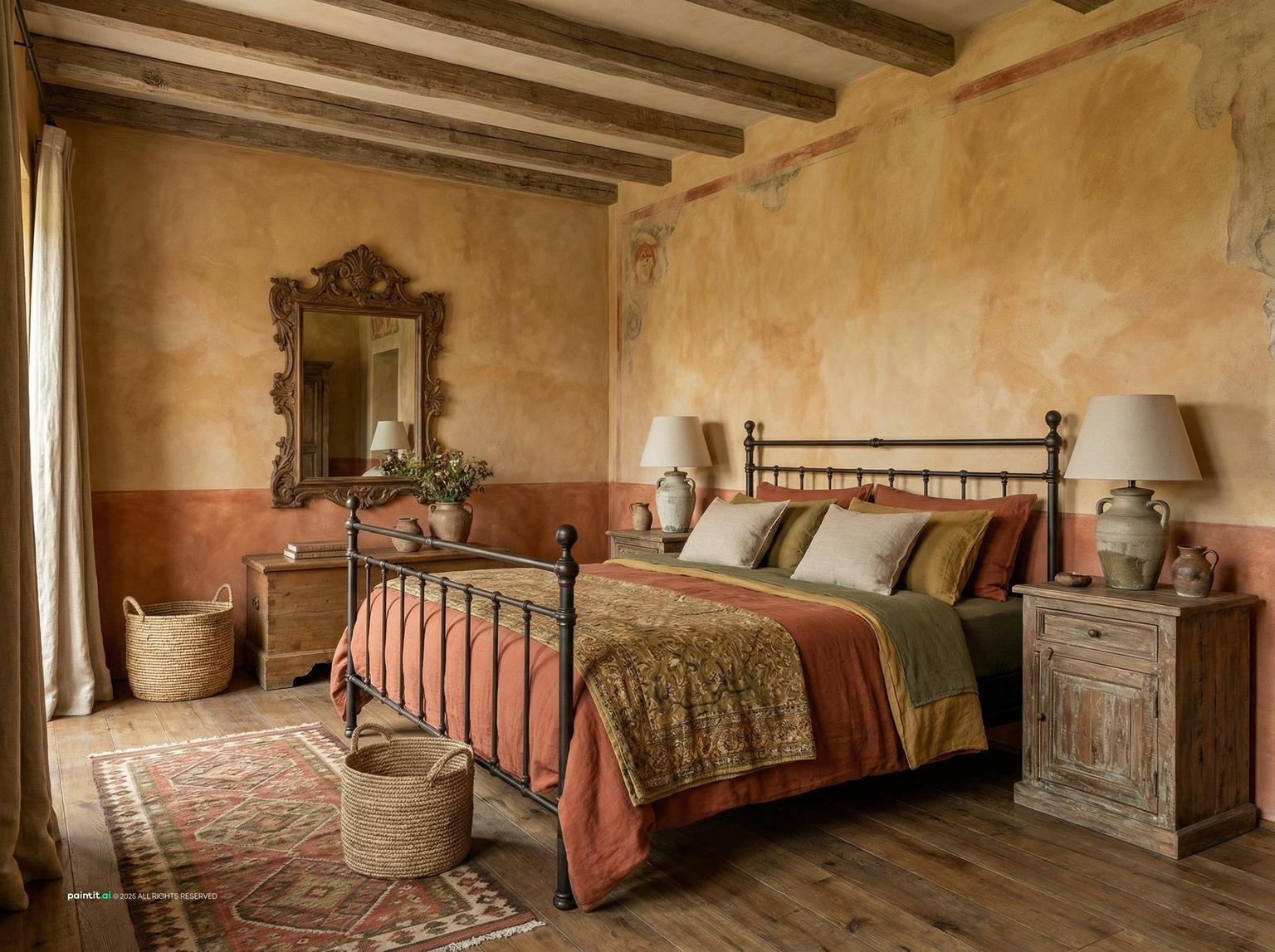 Tuscan bedroom with ochre plaster walls, an iron bed, a gilded mirror and a patterned rug
