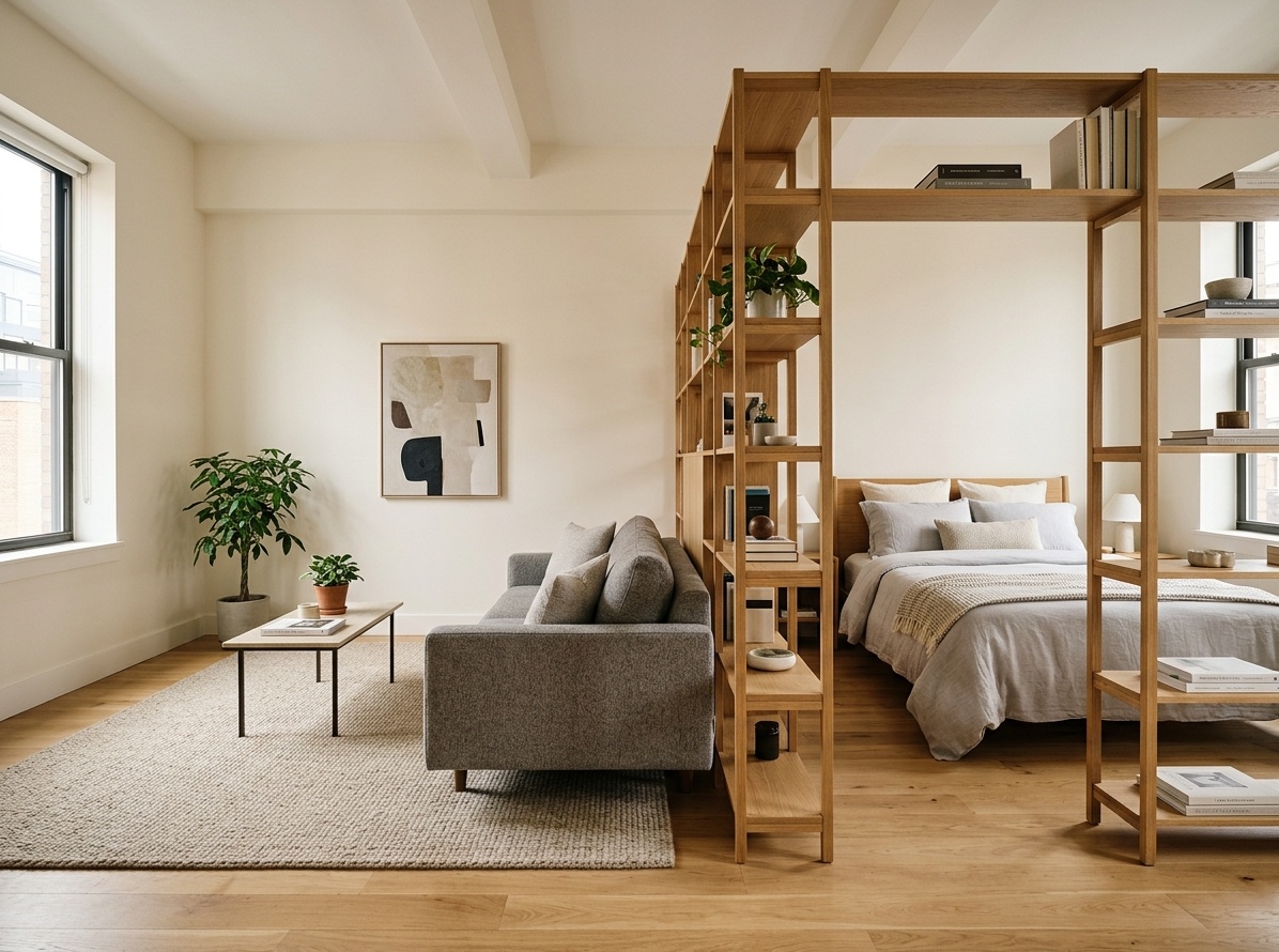 Studio apartment divided into living and sleeping zones using a tall open-backed bookshelf with sofa on one side and bed on the other
