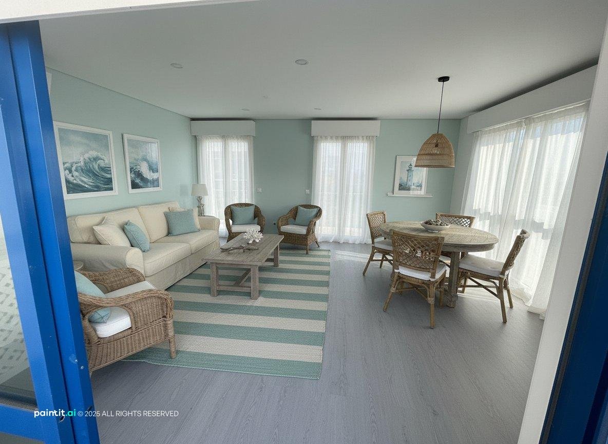 Sitting and dining area in seafoam, white and soft blue with a striped rug and wicker chairs