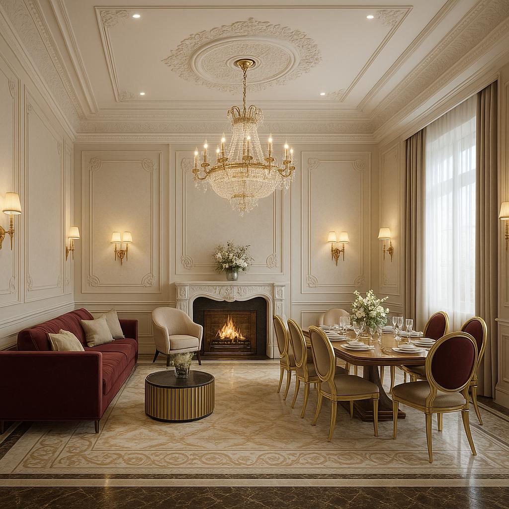Luxurious Neoclassic Living Room Design with beige and windows and a calm living room atmosphere.