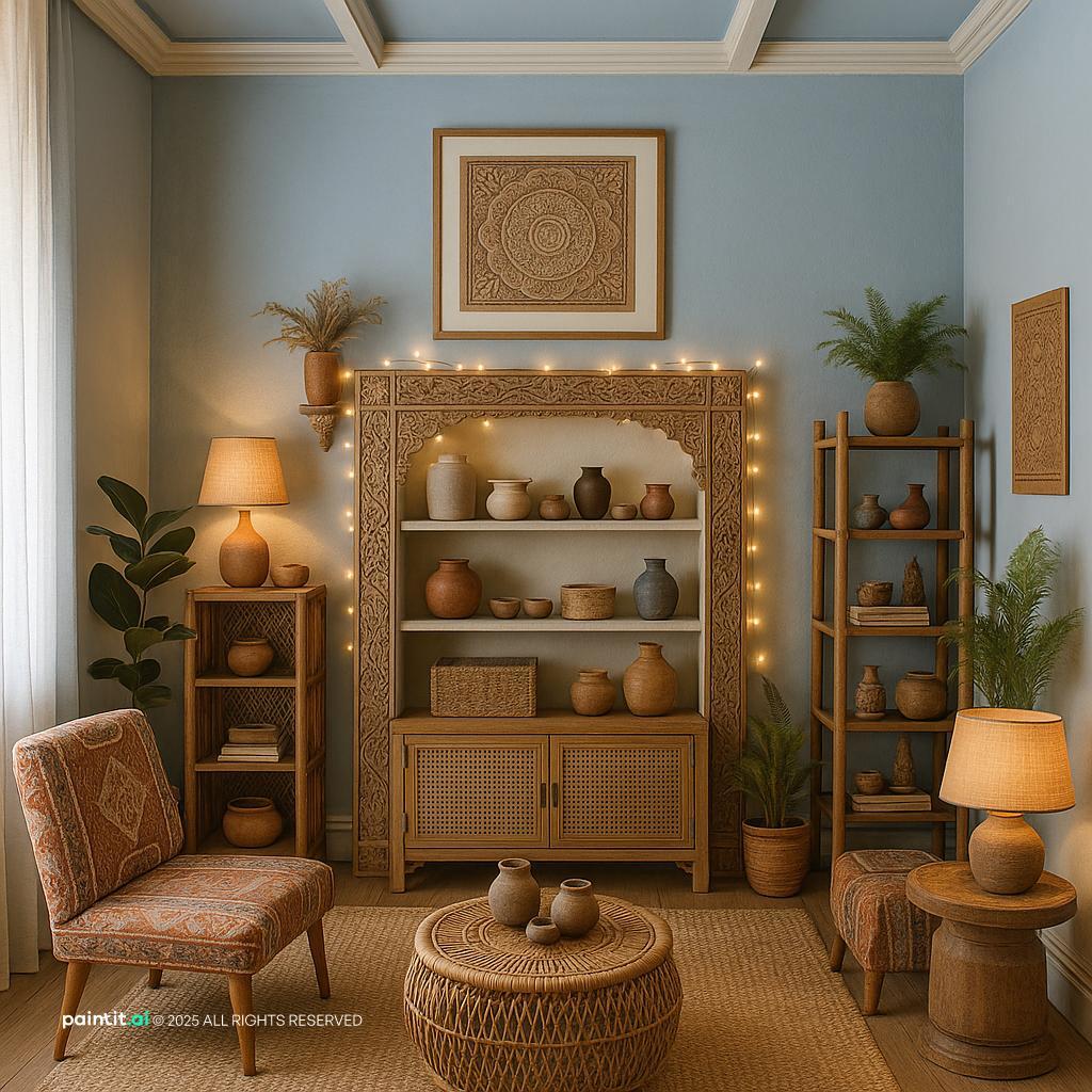 Boho Scandinavian Living Room Design showing boho texture, plants and greenery, layered neutrals for Boho Living Room Ideas.