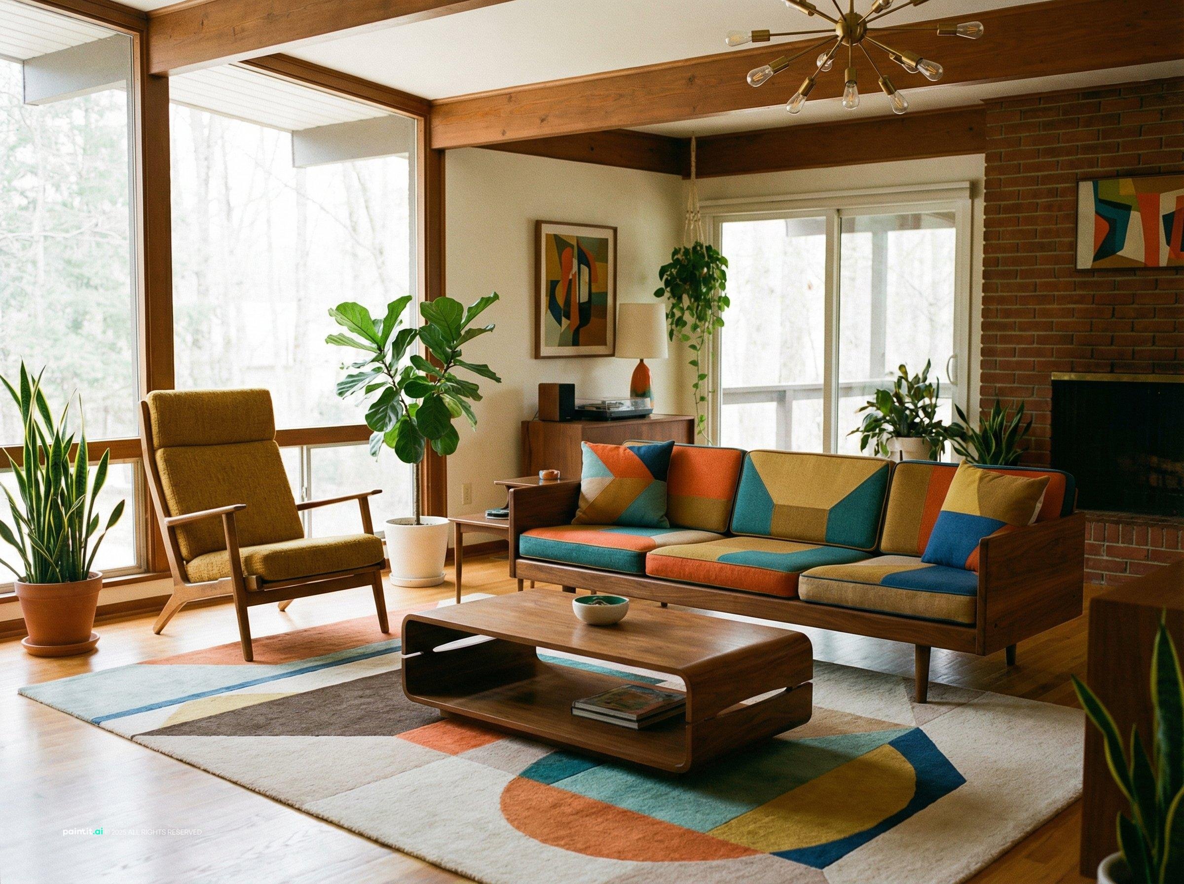 Whimsical living room with a colorful retro rug, a teal sofa, a mustard armchair and plants