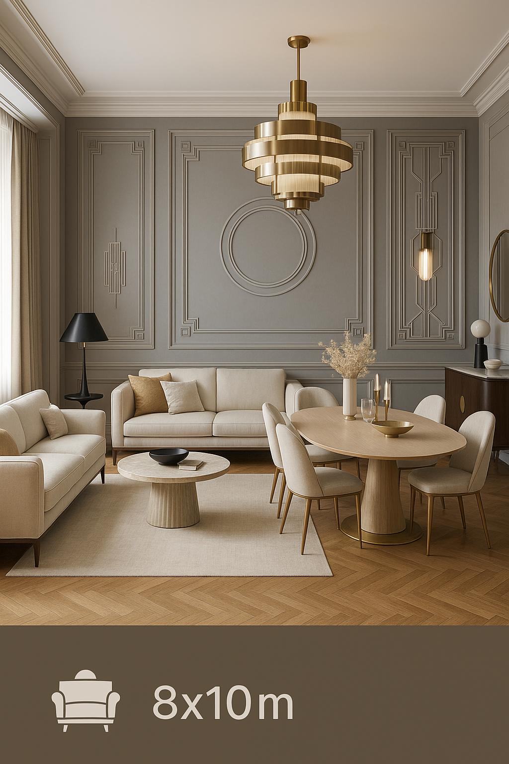 Elegant Art Deco Neoclassical Living Room Design with balanced materials and a calm living room atmosphere.
