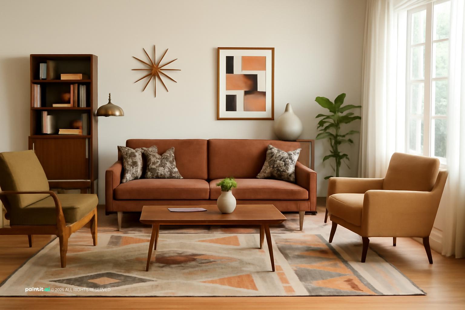 Mid century living room with a starburst clock, a tan sofa and mustard chairs