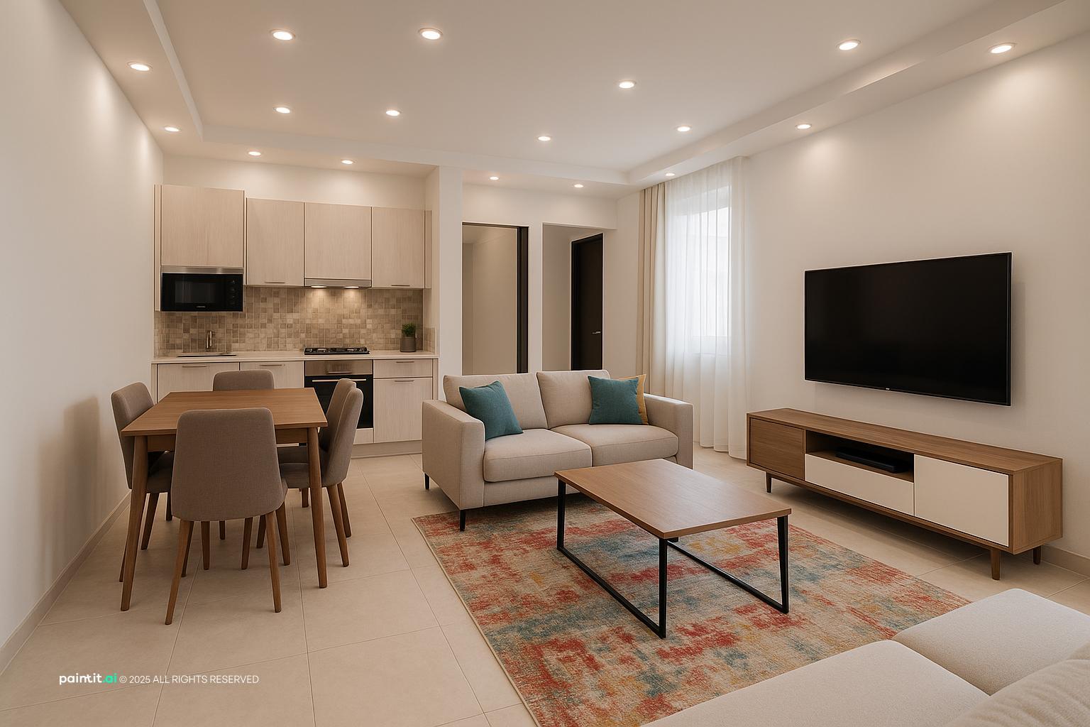 L-shaped open plan living room and kitchen with TV wall