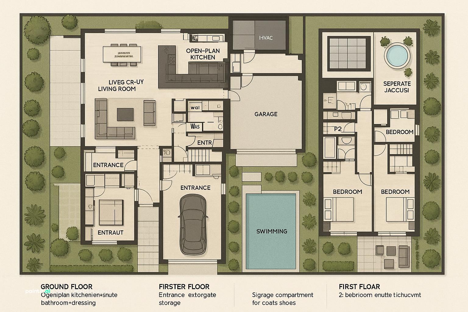 Luxury modern house layout with high-end kitchen and entertainment, hinting at 80s luxury living room opulence.