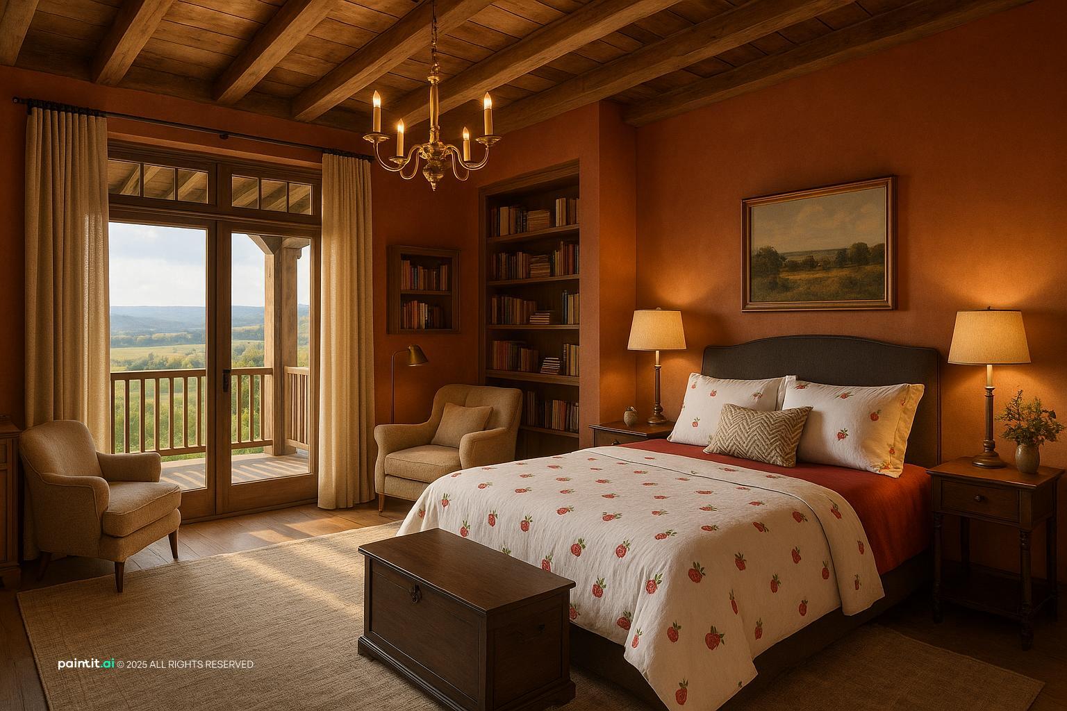 English guest bedroom with exposed ceiling beams, a spotted quilt, a wooden trunk and a view over the countryside