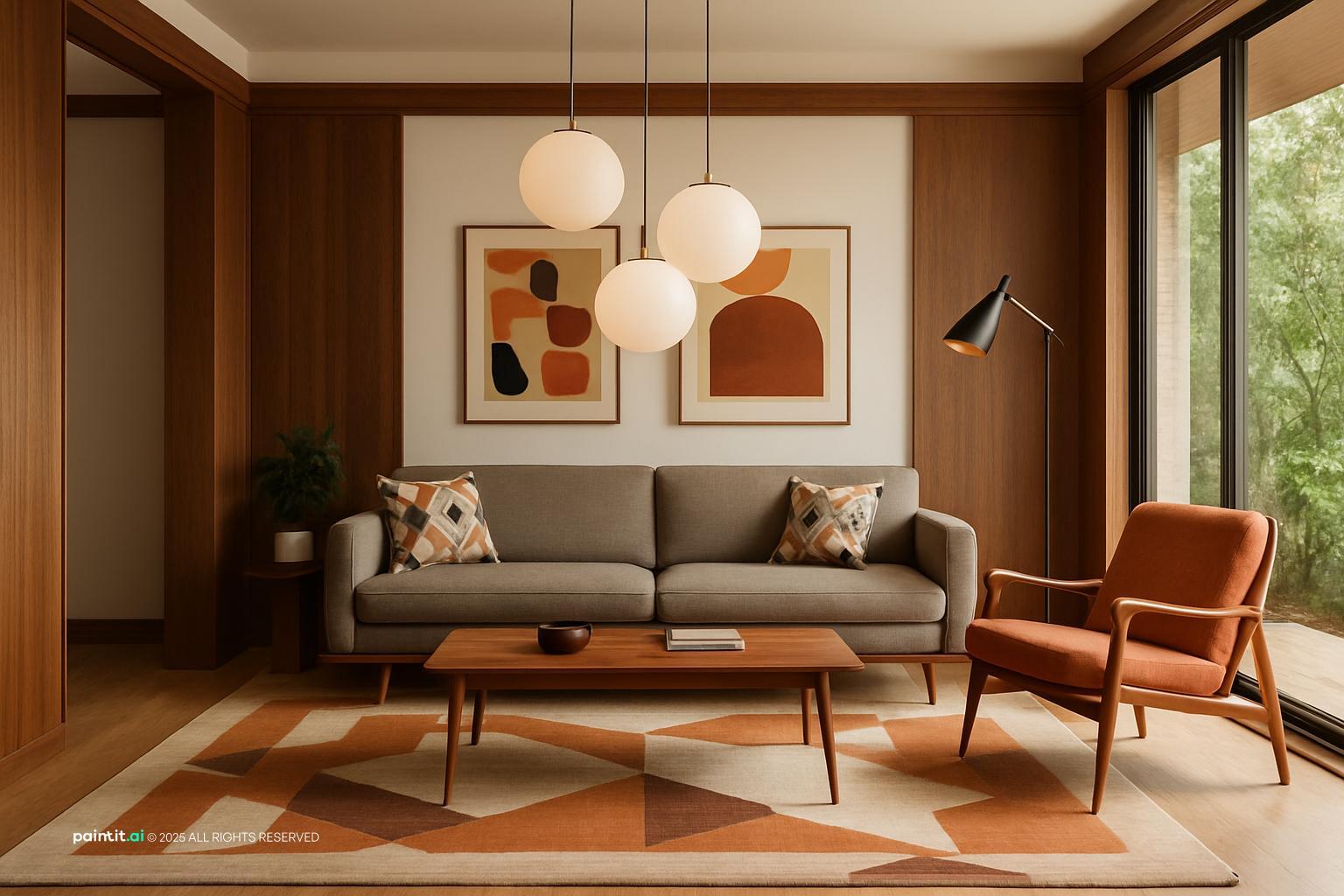 Mid century living room with a walnut wall, globe pendants and a geometric rug