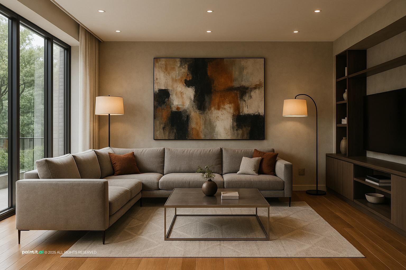Earthy living room with a taupe sectional and a large abstract painting in rust and brown