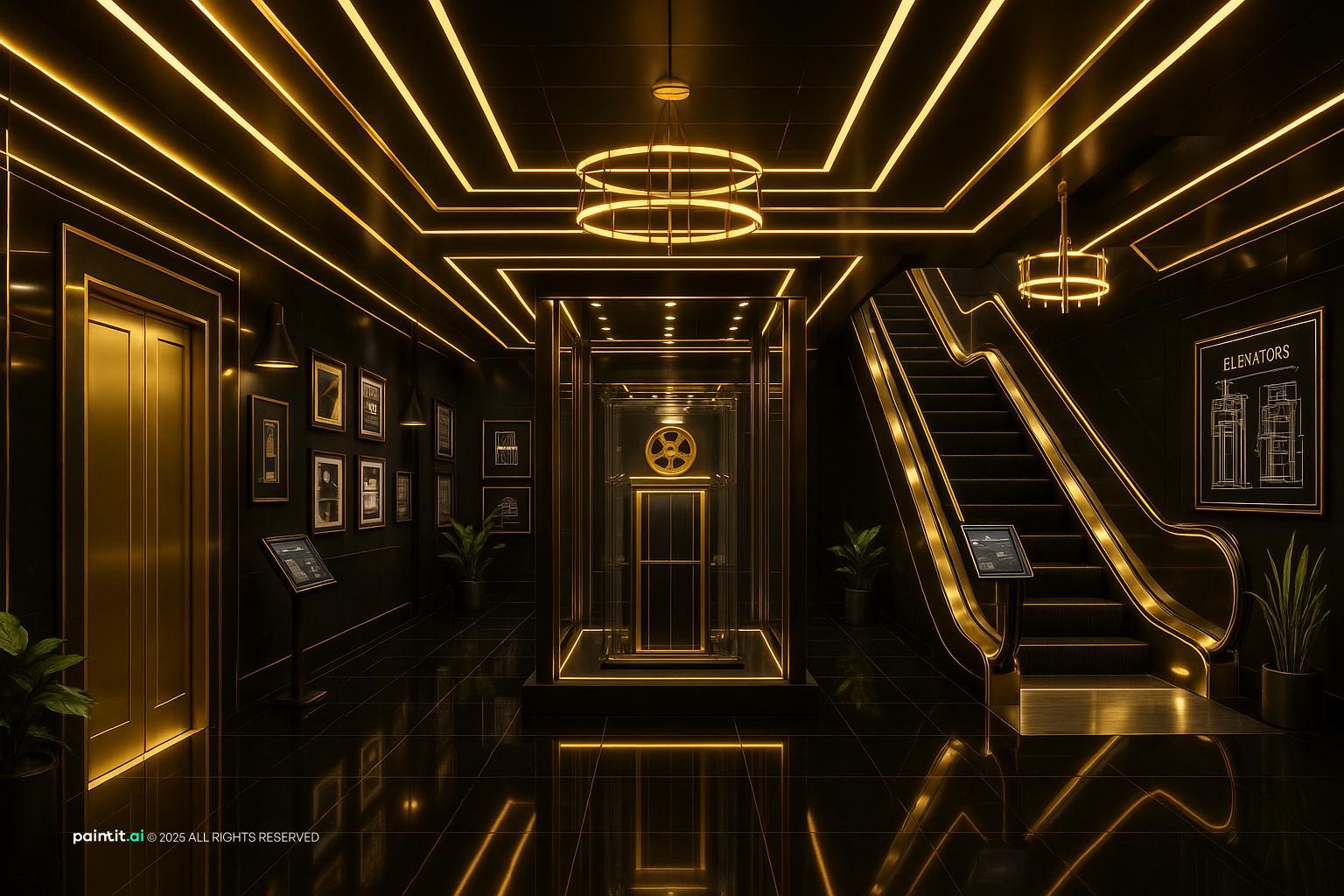 Dramatic black and gold elevator lobby with lit ceiling details and a gold-framed lift door