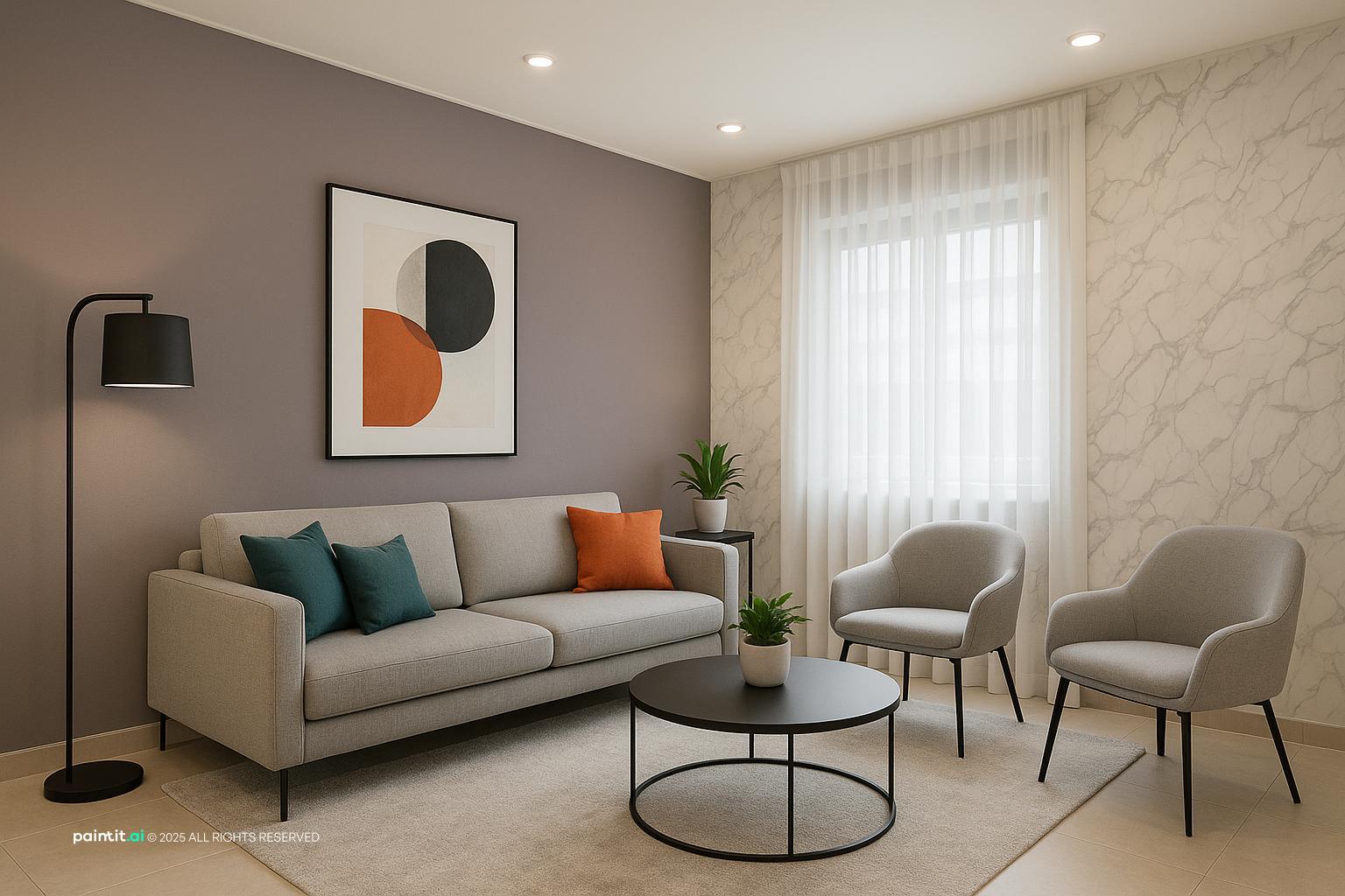 Modern living room with a taupe-gray wall, a light sofa with orange and teal cushions and gray chairs