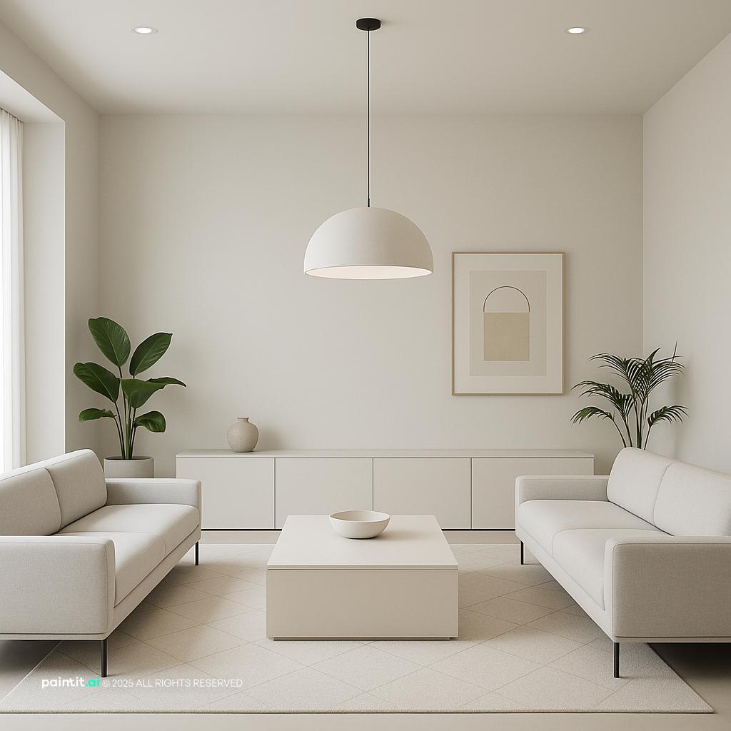 Modern Minimalist Living Room Design with Plants and Greenery showing plants and greenery, layered neutrals for Modern Living Room Ideas.