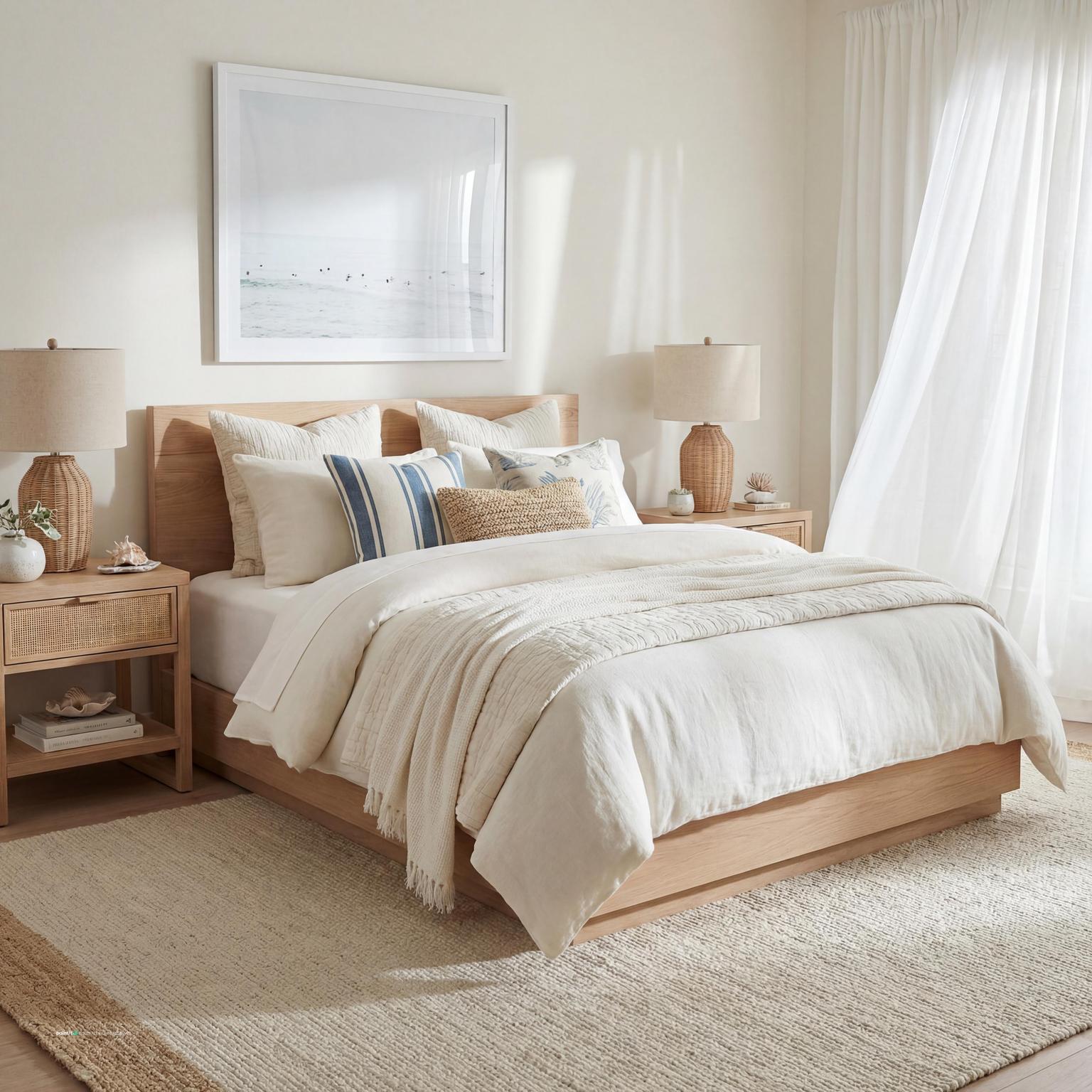 Coastal bedroom with white linen bedding, a woven pendant and sheer curtains