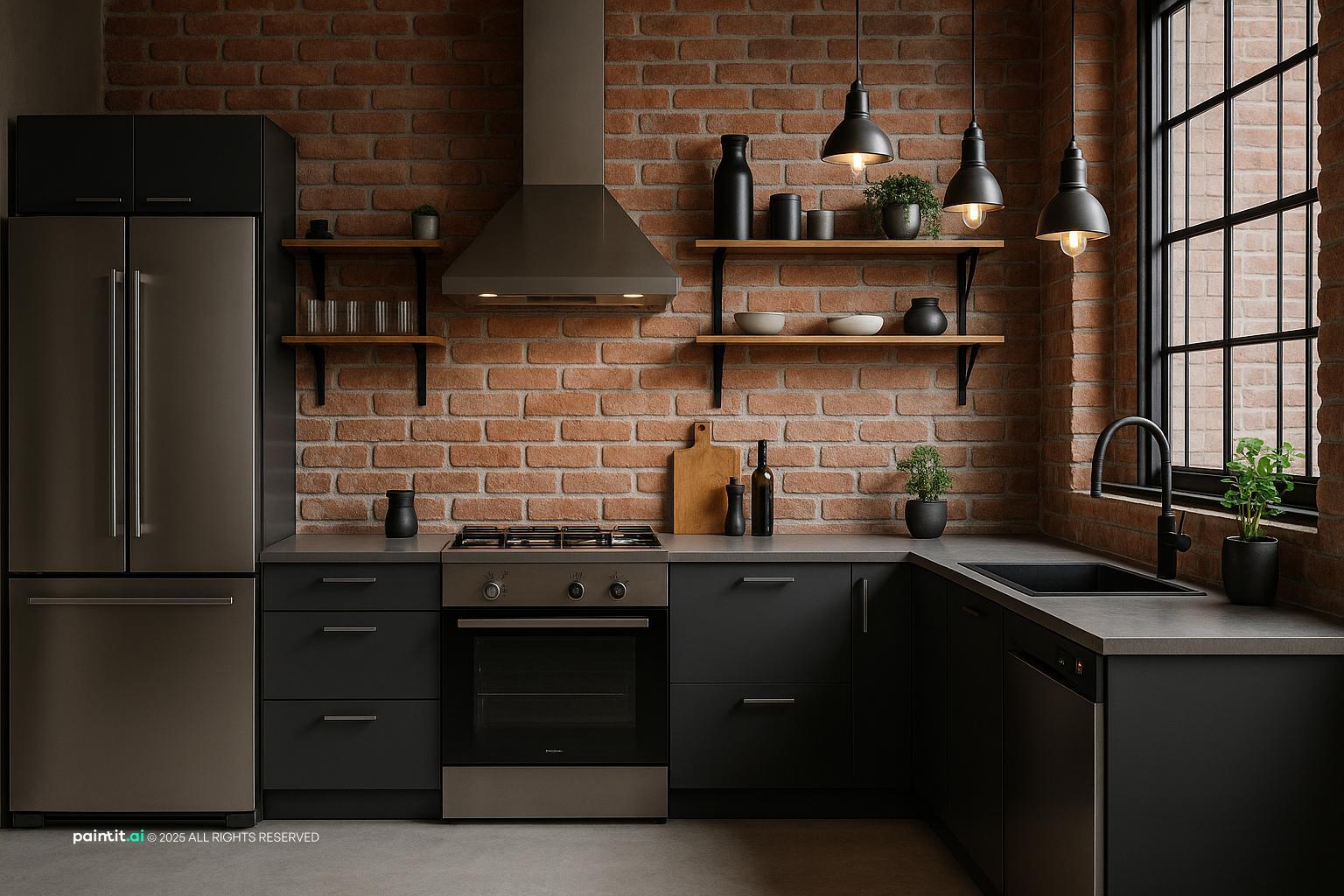 Urban kitchen with exposed brick, black cabinetry, and steel details