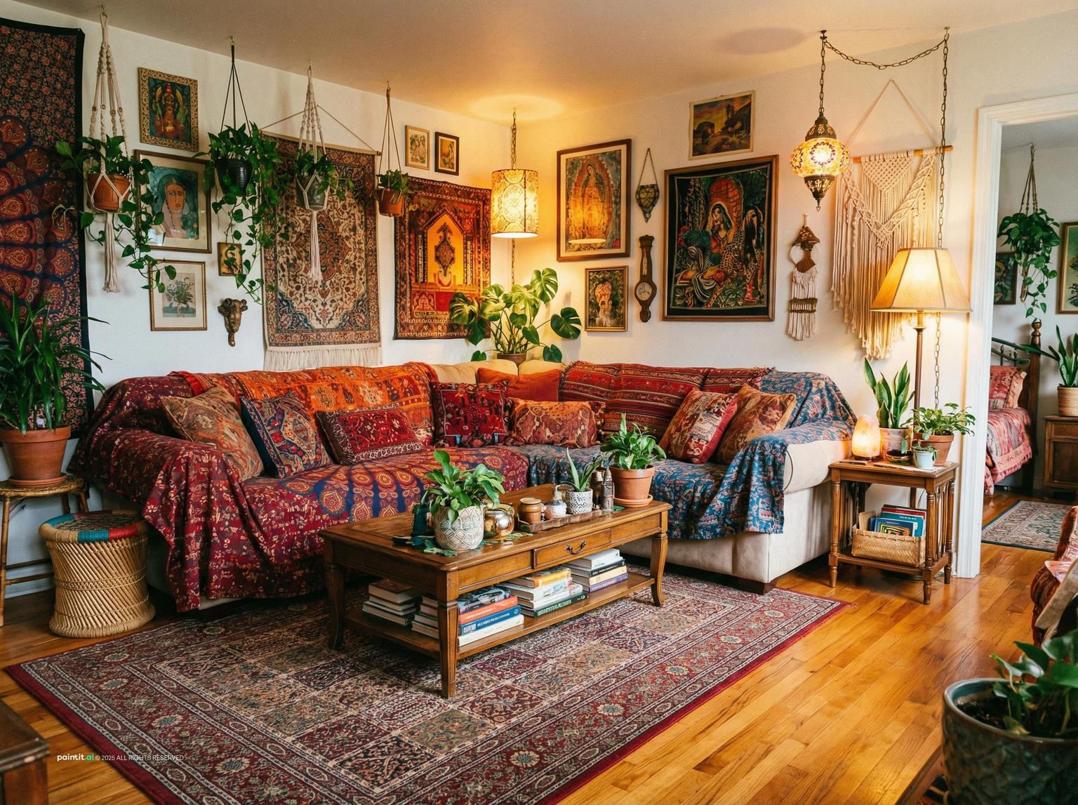 Maximal boho living room with patterned throws, hanging plants and a tapestry