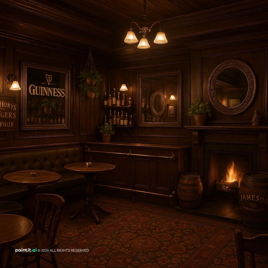 Traditional Irish pub interior with dark wood paneling, a brewery mirror, a lit fireplace and small tables