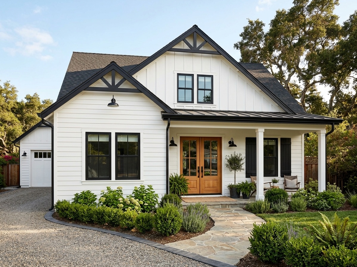 Modern farmhouse white house with black trim, board-and-batten shutters,  and natural wood front door