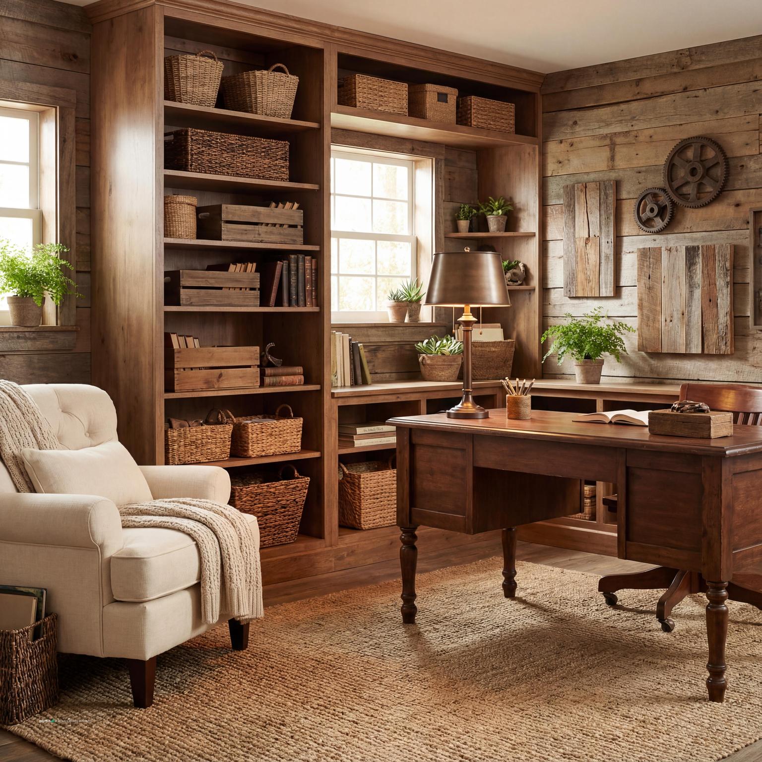 Rustic office with warm materials and focused desk area