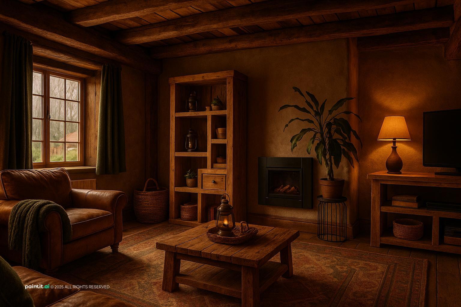 Dark earthy living room with wooden beams, a leather armchair and warm lamps