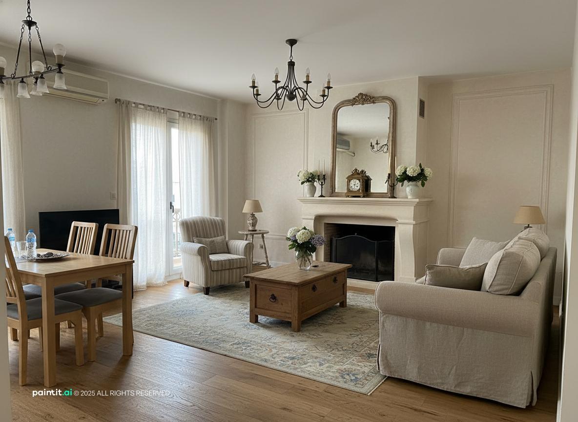 French country living room with cream walls, a white mantel with a mirror, slipcovered sofas and a wrought-iron chandelier